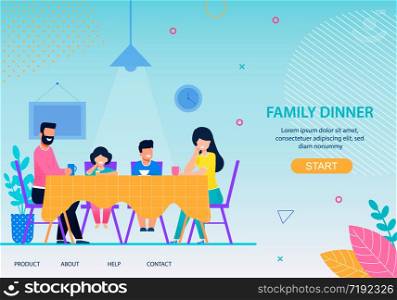 Happy Family Dinner Conceptual Landing Page Flat Template Cartoon Characters Eating Together at Dining Table Mother Father Son Daughter Togetherness Concept Vector Parents and Children Illustration. Happy Family Dinner Conceptual Flat Landing Page