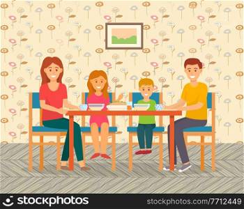 Happy family eating sitting at table in cafe or home. Mother, father, little girl and boy smiling. Breakfast, lunch or dinner time. Happy people spend time weekends together, enjoy of company, relax. Happy family relaxing, eating food sitting at table at home or in cafe, spend time together