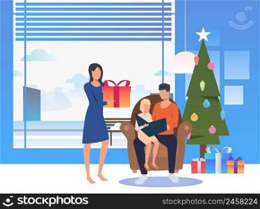 Happy family enjoying Christmas Eve. Decorated tree, interior, father, daughter. Christmas concept. Vector illustration can be used for topics like Xmas gifts, holiday, celebration