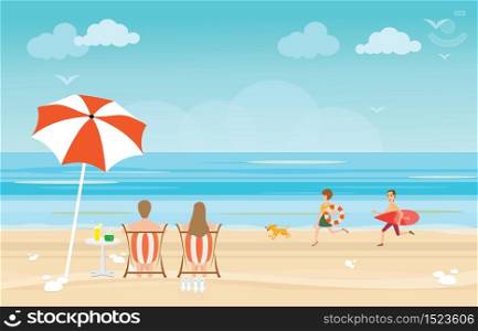 Happy family enjoying on beach during vacations, vector illustration.