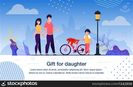 Happy Family Entertainment and Leisure, Child Birthday Celebration Trendy Flat Vector Banner, Poster. Parents Giving Bicycle to Preschooler Daughter, Mather and Mother Making Surprise Illustration