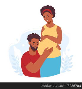 Happy family. Ethnical dark skin couple expecting baby. Pregnant woman with big belly and her husband. Vector illustration. African american future parents, pregnancy, motherhood, parenthood concept