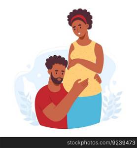 Happy family. Ethnical dark skin couple expecting baby. Pregnant woman with big belly and her husband. Vector illustration. African american future parents, pregnancy, motherhood, parenthood concept