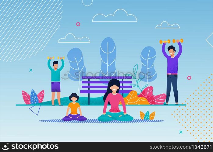 Happy Family Exercising in City Park Flat Cartoon. Mother and Daughter Doing Yoga, Stretching, Pilates, Meditating Sitting on Ground. Father and Son Doing Exercises with Dumbbells. Vector Illustration. Happy Family Exercising in City Park Flat Cartoon