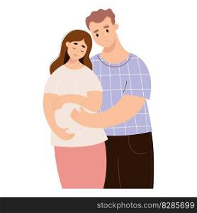 Happy family expecting baby. Cute pregnant woman and husband. Vector illustration. Future parents, pregnancy motherhood, parenthood concept