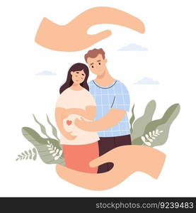 Happy family expecting baby. Hands protect cute pregnant woman and husband. Vector illustration. Future parents, pregnancy motherhood, parenthood, care and protection concept