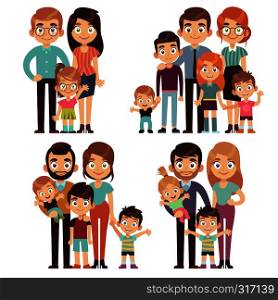 Happy family. Families mother father kid brother sister traditional relationship generation society flat vector character isolated set. Happy family. Families mother father kid brother sister traditional relationship generation society flat character set