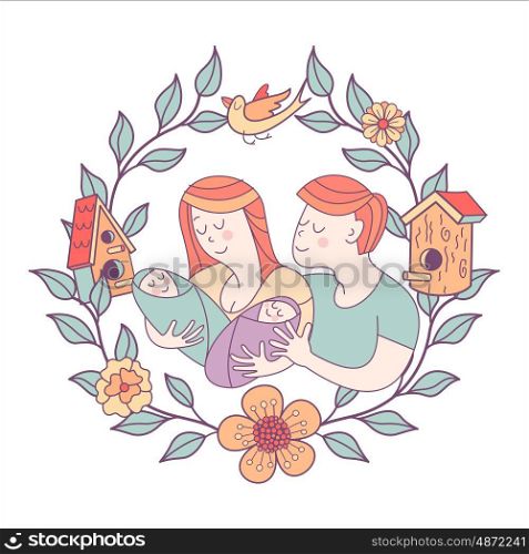 Happy family. Family day. Vector illustration.. Happy family. Family day. Loving each other mom, dad and the kids are twins. Illustration framed with flowers, birds and birdhouses. Vector illustration.