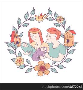 Happy family. Family day. Vector illustration.. Happy family. Family day. Loving each other mom, dad and the kids are twins. Illustration framed with flowers, birds and birdhouses. Vector illustration.
