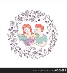 Happy family. Family day. Vector illustration.. Happy family. Family day. Loving each other mom, dad and the kids are twins. Framing of flowers, branches and berries. Vector illustration.