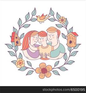Happy family. Family day. Vector illustration.. Happy family. Family day. Vector illustration. Loving each other mom, dad and son. Illustration framed with flowers, birds and birdhouses.