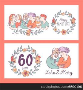Happy family. Family day. Vector illustration.. Happy family. Family day. Loving each other mom, dad, kids, grandparents. Wreath of branches and flowers. Birdhouses and bird. Anniversary family for 60 years. An elderly loving couple. Vector illustration.