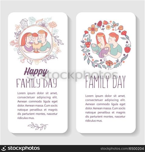 Happy family. Family day. Vector illustration.. Happy family. Family day. Loving each other mom, dad and son. Loving each other mom, dad and the kids are twins. Framing of flowers, branches and berries. Vector illustration.