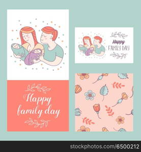 Happy family. Family day. Vector illustration.. Happy family. Family day. Loving each other mom, dad and the kids are twins. Seamless pattern of spring flowers. Vector illustration.