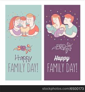 Happy family. Family day. Vector illustration.. Happy family. International holiday family Day. Mom, dad, kids. The kids are twins. Vector illustration, greeting card.