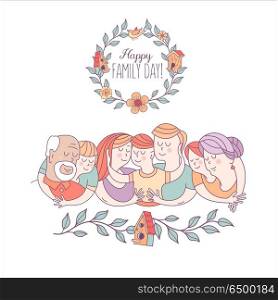 Happy family. Family day. Vector illustration.. Happy family. International holiday family Day. Mom, dad, kids, grandparents. Vector illustration, greeting card.