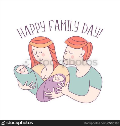Happy family. Family day. Vector illustration.. Happy family. International holiday Family Day. Mom, dad, son and daughter. A parents with two children. Vector illustration, greeting card.