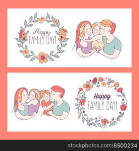 Happy family. Family day. Vector illustration.. Happy family. International holiday family Day. Mom, dad, kids. Floral wreaths with text. Happy family day. Vector illustration, greeting card.
