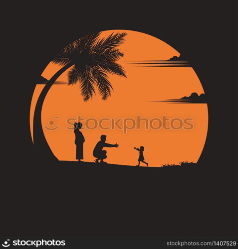 Happy family. father, mother, a baby daughter with fun along edge of sunset sand beach. parents outdoor activity on tropical summer vacations with children. silhouettes. vector illustration flat style