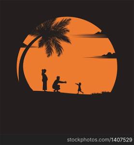 Happy family. father, mother, a baby daughter with fun along edge of sunset sand beach. parents outdoor activity on tropical summer vacations with children. silhouettes. vector illustration flat style