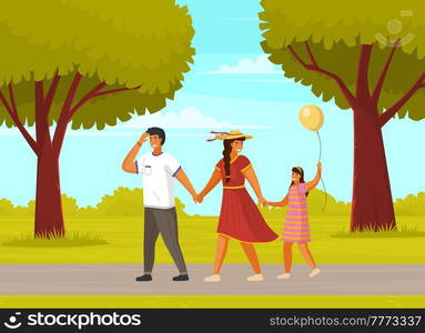 Happy family father, mother and daughter with balloon walking outdoors together summer day in city park with green trees. Smiling people holding hands. Vector friendly family leisure activity. Happy family father, mother and daughter with balloon walking outdoors together summer day in park