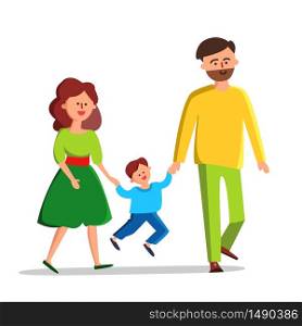 Happy Family Father, Mother And Little Boy Vector. Characters Young Smiling Family, Bearded Man Daddy, Woman Mom Parents And Small Child Son Walking Together. Flat Cartoon Illustration. Happy Family Father, Mother And Little Boy Vector