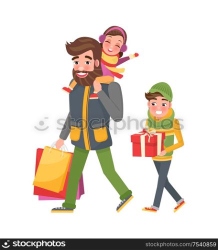 Happy family father, small daughter and son returns from shopping. Male parent and children with bags presents, gift boxes, vector. Christmas celebration time. Happy Family Mother, Father Small Daughter and Son
