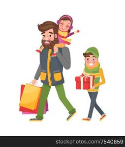 Happy family father, small daughter and son returns from shopping. Male parent and children with bags presents, gift boxes, vector. Christmas celebration time. Happy Family Mother, Father Small Daughter and Son