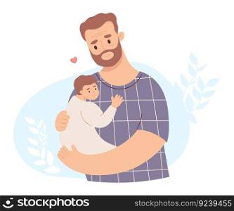 Happy family father with newborn. Cute adult man with baby in her arms. Vector illustration in flat style. parent, parenthood, fathers day concept