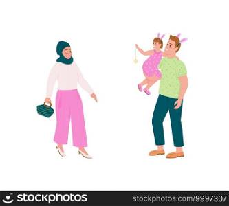 Happy family flat color vector detailed character set. Muslim woman. Father and daughter in bunny ears. Spring holiday isolated cartoon illustration for web graphic design and animation collection. Happy family flat color vector detailed character set