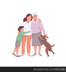 Happy family flat color vector faceless characters. Grandma with daughter, grandson and pet dog. Stay in touch. Relatives isolated cartoon illustration for web graphic design and animation. Happy family flat color vector faceless characters