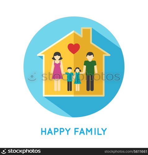 Happy family flat concept icon with parents and two children at home vector illustration