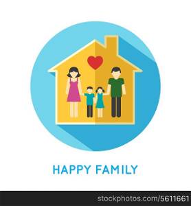 Happy family flat concept icon with parents and two children at home vector illustration