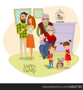 Happy Family Flat Template. Happy family flat template with mother father son daughter grandmother grandfather baby and dog vector illustration