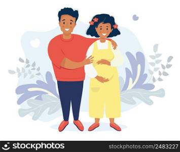 Happy family flat vector. Couple Ethnic affiliation. Happy pregnant woman in yellow overalls stroking her belly with her hands. The husband hugs her. Vector. On a backgruond with with tropical leaves