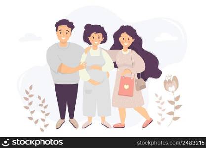 Happy family flat vector. pregnant woman in overalls strokes her belly with her hands. The husband stands and hugs her. Near a girl with package in her hands on a background. Vector flat illustration
