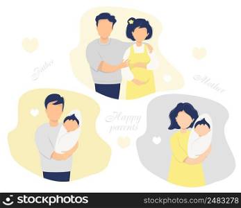 Happy family flat vector set. Husband with a pregnant wife in yellow clothes, happy parents - dad and mom with a newborn baby in their arms. Vector illustration. Isolated. flat illustration
