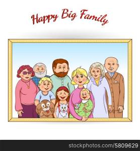 Happy family framed portrait . Happy family tree generations framed portrait poster with grandparents children baby pets and toys abstract vector illustration