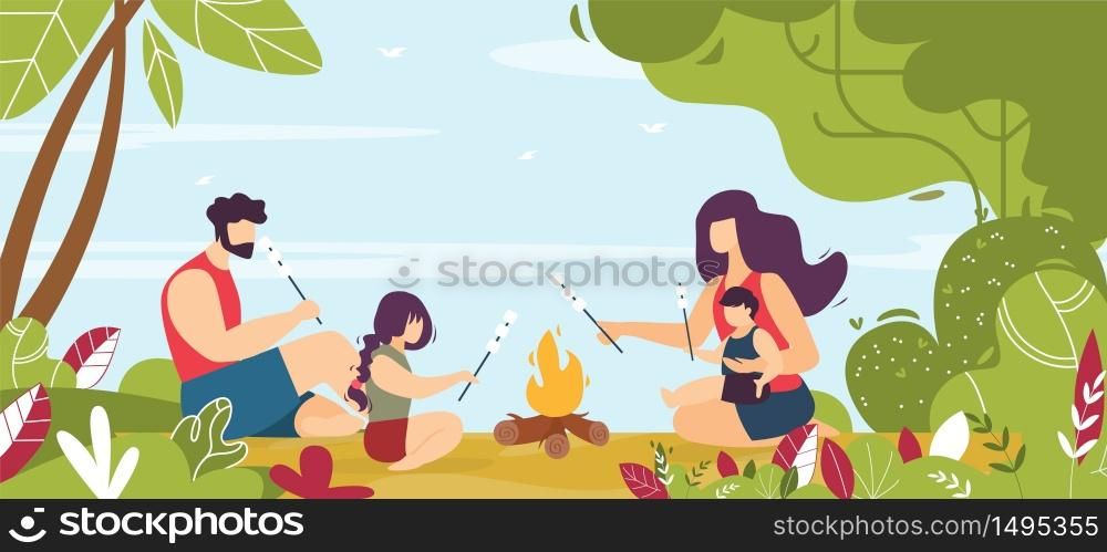 Happy Family Frying Marshmallows Outdoors Cartoon. Father, Mother and Children Sitting around Bonfire. Parents with Son and Daughter on Picnic. Camping in Forest. Vector Flat Illustration. Happy Family Frying Marshmallows Outdoors Cartoon