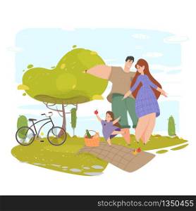 Happy Family Gesturing with Cheerful Smile on Nature Landscape Background. Parents with Daughter Having Outdoors Leisure, Picnic and Bicycle Walking in Summer Park. Cartoon Flat Vector Illustration. Happy Family Gesturing with Smile on Park Nature