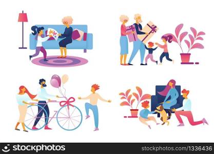 Happy Family Giving Gifts Set Isolated on White Background. Parents Presenting Dog for Child, Grandparents Day Presents, Daughter Get Bicycle, Girl Paint for Grannie. Cartoon Flat Vector Illustration.. Happy Family Giving Gifts Set Isolated on White