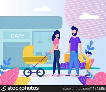 Happy Family Going to Cafe after Walking Outside. Smiling Mother Carrying Stroller with Infant, Father Holding Daughters Hand and Paper Bag. Flat Vector Illustration with Plants Leaves on Backdrop. Happy Family Going to Cafe Flat Style Cartoon