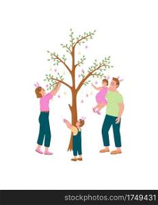 Happy family hanging easter eggs on tree flat color vector detailed characters. Traditional activity for kids. Spring holiday isolated cartoon illustration for web graphic design and animation. Happy family hanging easter eggs on tree flat color vector detailed characters