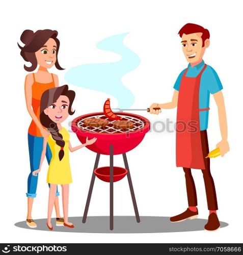Happy Family Having Barbecue In The Outdoor Vector. Illustration. Happy Family Having Barbecue In The Outdoor Vector. Isolated Illustration