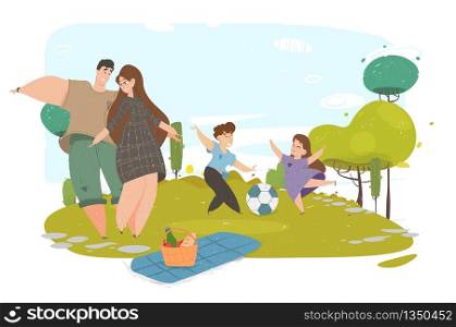 Happy Family Having Picnic Meal Outdoors in Park. Parents and Children Playing and Having Fun Open Air, Basket with Food Stand on Blanket on Grass. Kids Play with Ball Cartoon Flat Vector Illustration. Happy Family Having Picnic Meal Outdoors in Park.