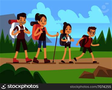 Happy family hikers. Autumn trekking outdoor adventure vector concept. Trekking family, recreation and active adventure tourism illustration. Happy family hikers. Autumn trekking outdoor adventure vector concept