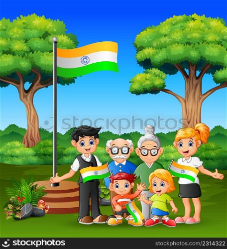 Happy family holding flag of India with pride on Happy Republic Day