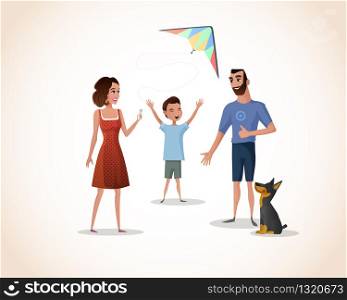 Happy Family Holiday Leisure Cartoon Vector with Smiling Father and Mother, Making Photos, Playing with Dog, Launching Kite with Teenager Son Illustration Isolated on White Background. Happy Childhood