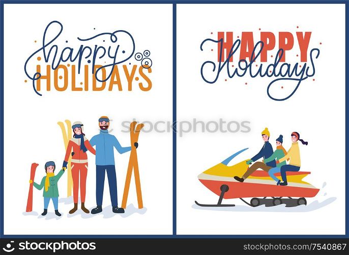 Happy family holidays with skiing and riding snowmobiling. Going together parents and kid and cheerful mum with dad and child standing with skids vector. Happy Holidays with Skiing and Snowmobiling Vector
