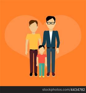 Happy family homosexual concept banner design flat style. Young family man gay with a son. Mother and father with child happiness lifestyle, vector illustration